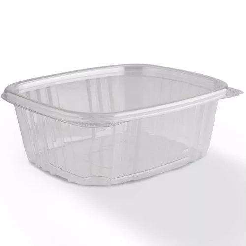 Reusable Majestic clear plastic hinged salad container with snap lid, 500cc capacity, ideal for food, fruit, or cake storage.