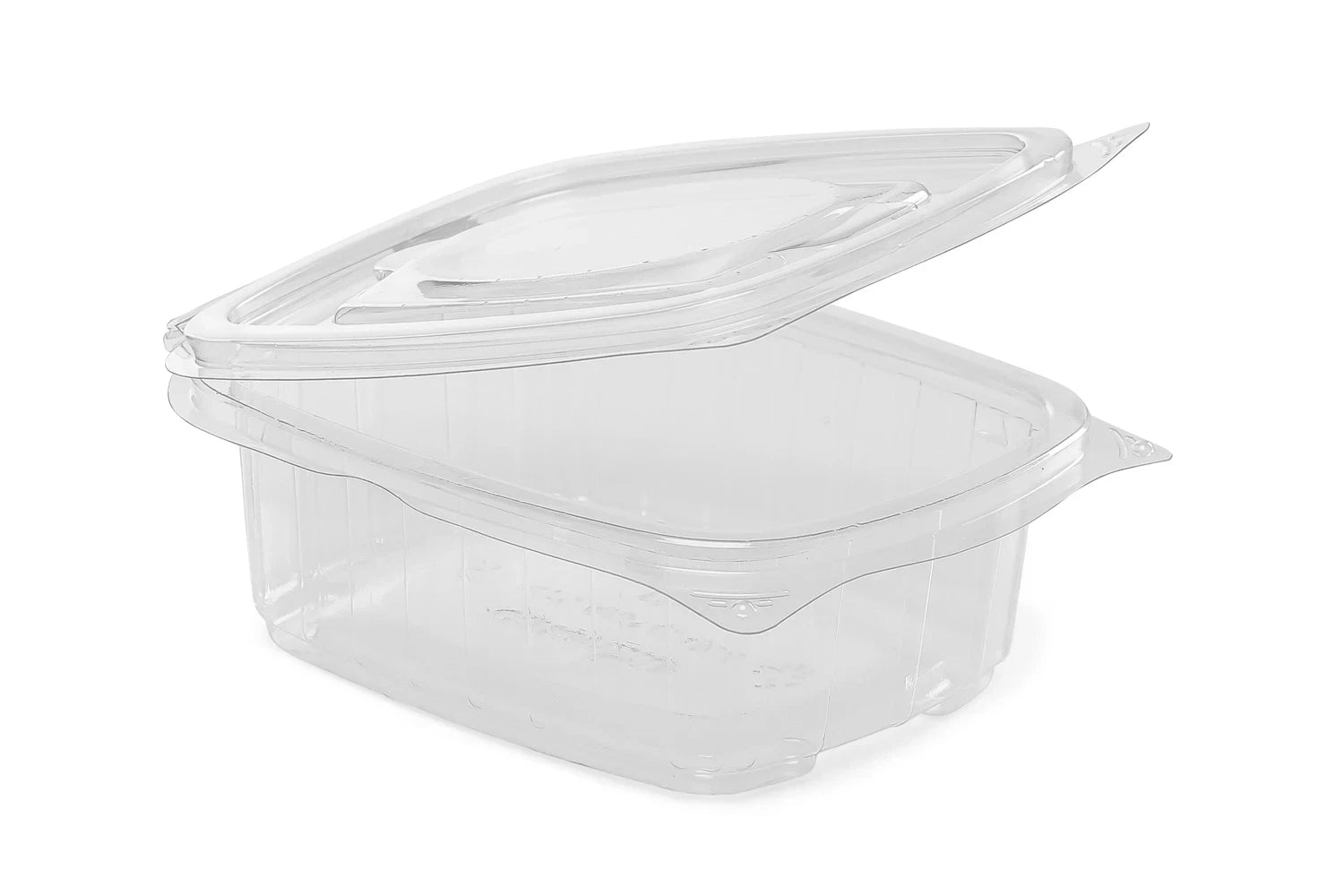 Reusable Majestic clear plastic hinged salad container with snap lid, 500cc capacity for food, fruit, or cake storage.