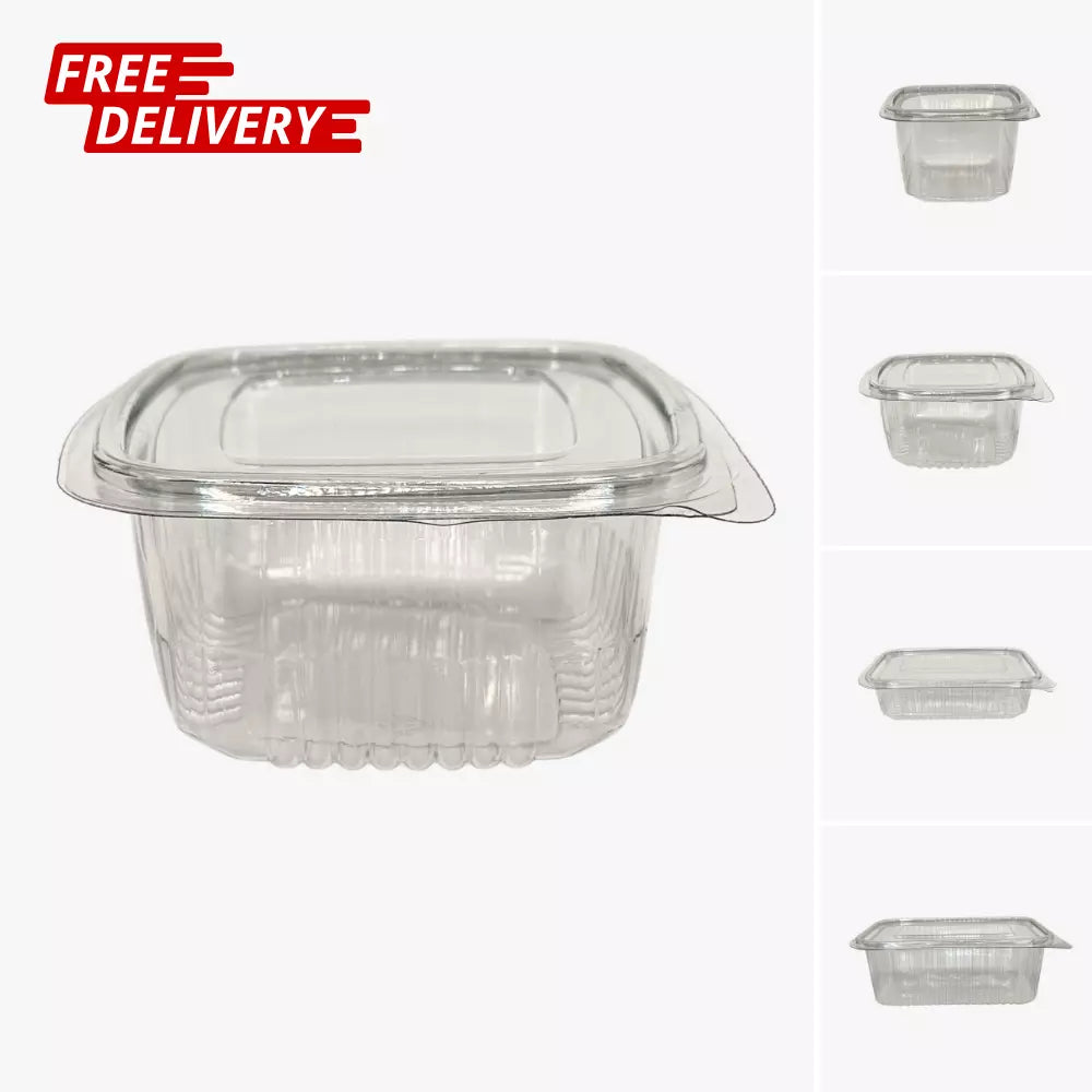 Clear 500cc Majestic reusable plastic hinged food storage container with snap lid, ideal for salads, fruits, and cakes.