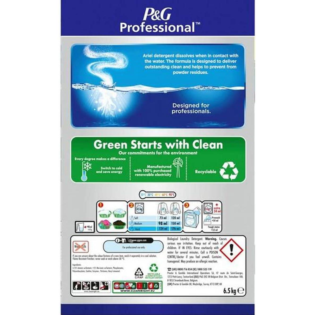 Ariel Professional antibacterial laundry powder in a 6.5kg bag, suitable for 100 washes, heavy-duty cleaning.