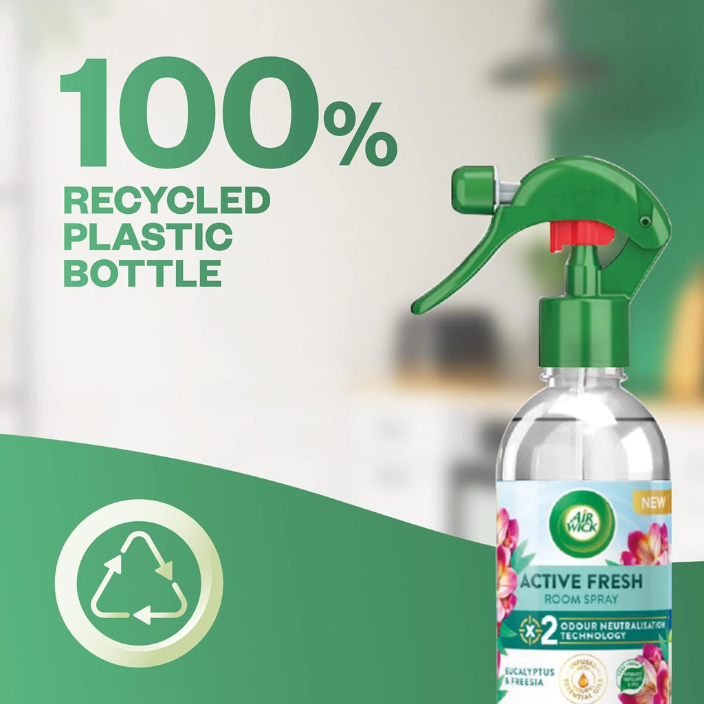 Air Wick Active Fresh eucalyptus and freesia room spray bottle, 236ml, with fresh floral scent in clear spray bottle