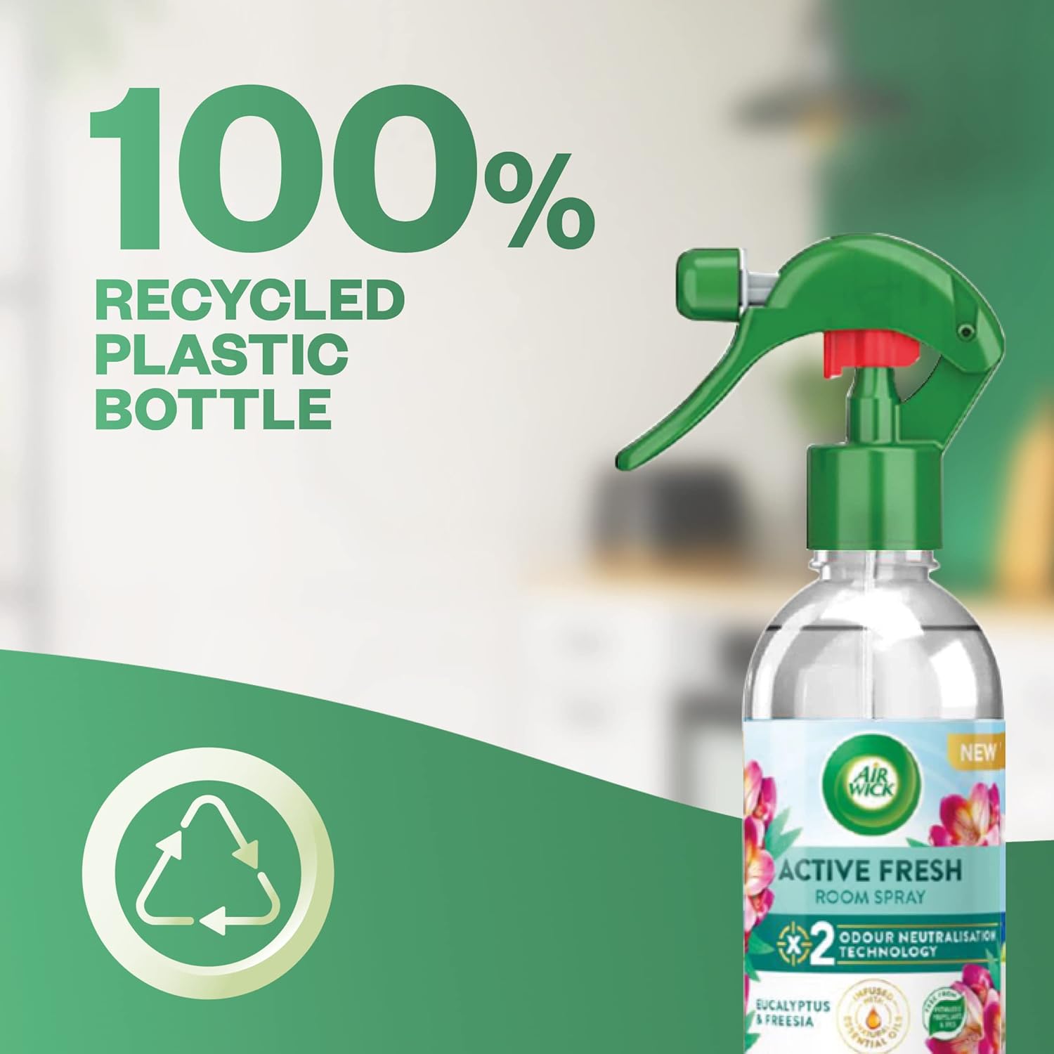 Air Wick Active Fresh eucalyptus and freesia room spray bottle, 236ml, with fresh floral scent in clear spray bottle