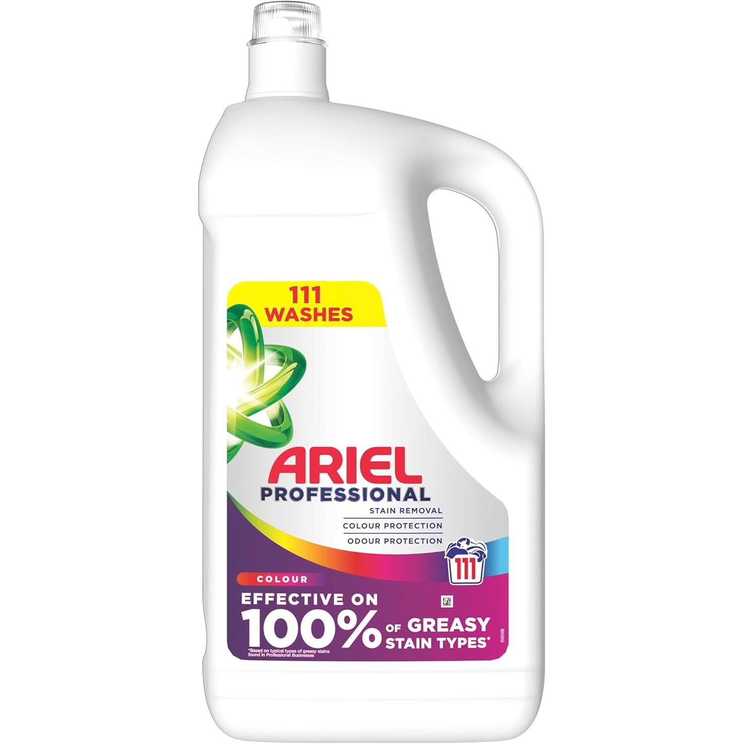 Ariel Professional Liquid Laundry Detergent 4.995L bottle, suitable for 111 washes, in a clear container with label.