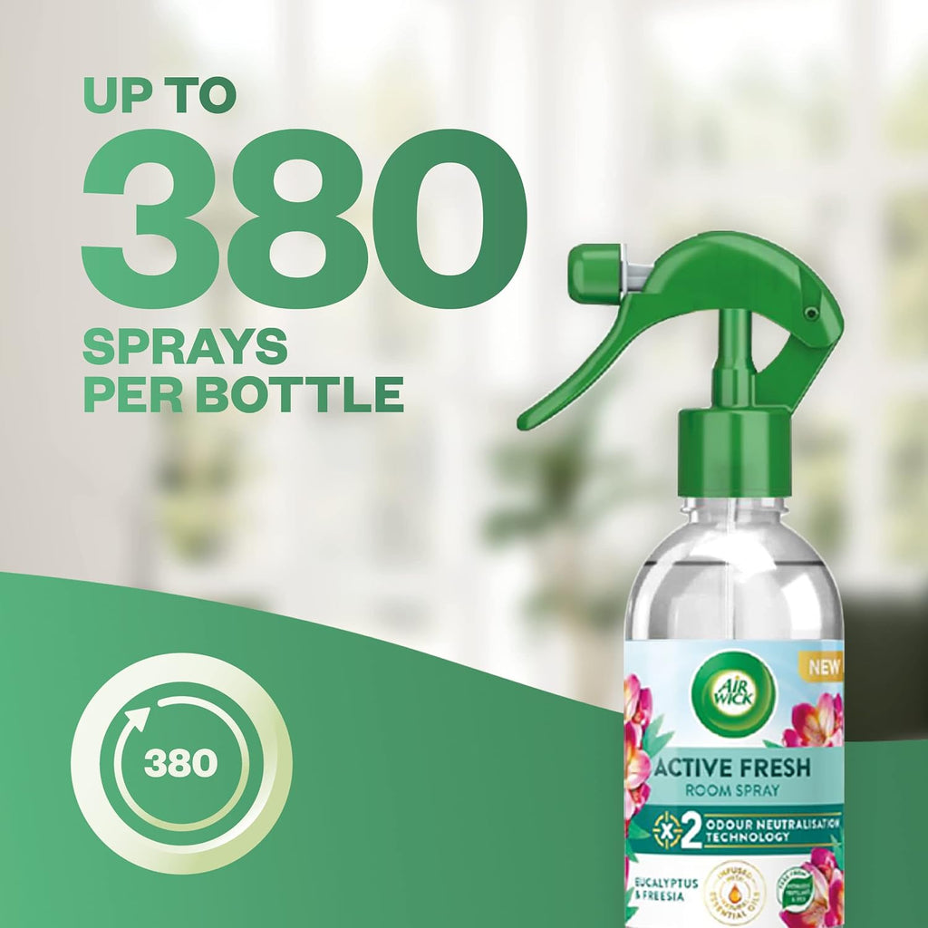Air Wick Active Fresh eucalyptus and freesia room spray bottle, 236ml, with floral and fresh scent visible.