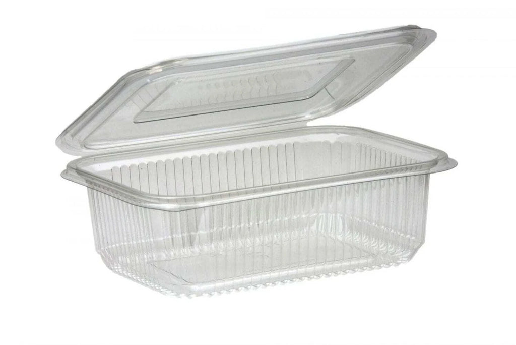 Clear plastic hinged food storage container with snap lid, 750cc size, ideal for salads, fruit, and baked goods.