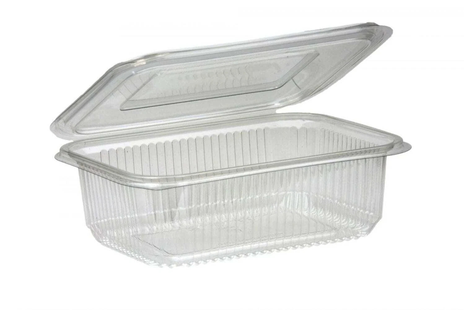 Clear plastic hinged food storage container with snap lid, 750cc size, ideal for salads, fruit, and baked goods.