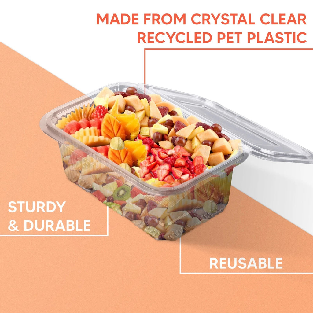 Clear plastic hinged salad container with snap lid, 750cc capacity, ideal for food, fruit, and cake storage by Majestic.