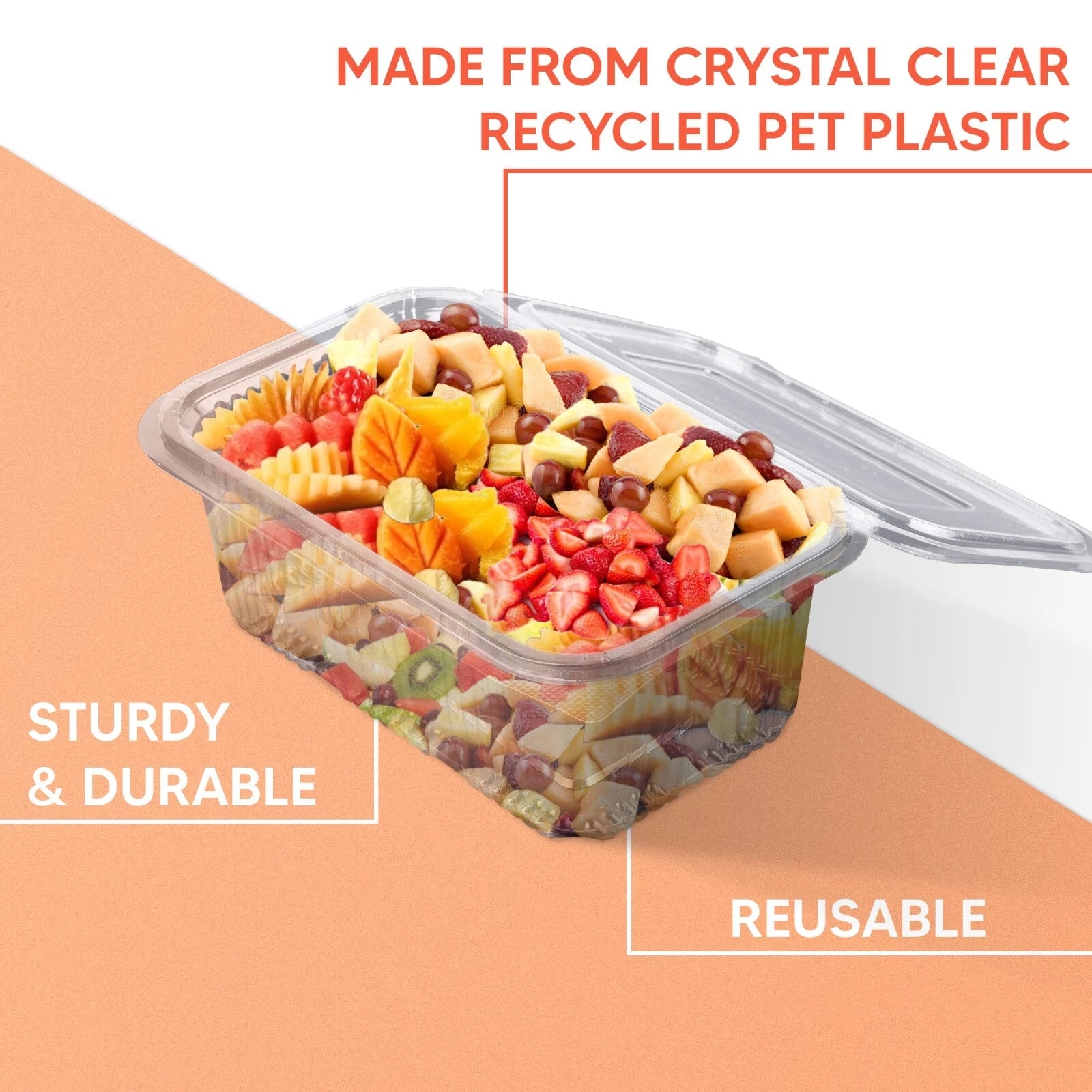 Clear plastic hinged salad container with snap lid, 750cc capacity, ideal for food, fruit, and cake storage by Majestic.