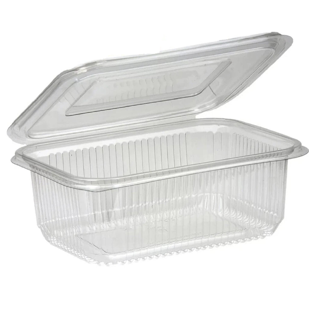 Clear plastic hinged salad container with snap lid, 750cc capacity, ideal for food, fruit, and cake storage by Majestic