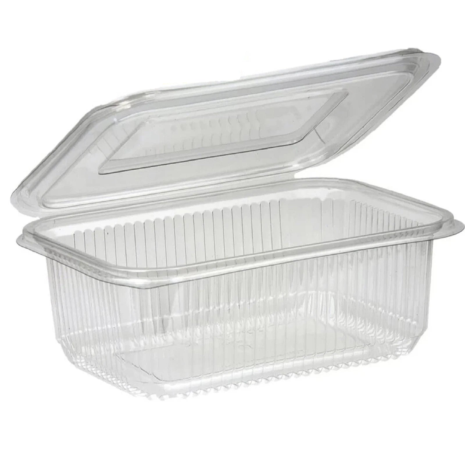 Clear plastic hinged salad container with snap lid, 750cc capacity, ideal for food, fruit, and cake storage by Majestic