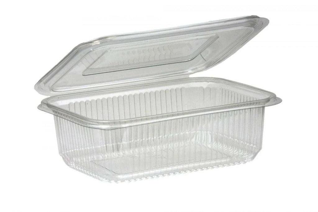 Majestic reusable clear plastic hinged salad container with snap lid, 750cc food storage box for food, fruit, and cake storage