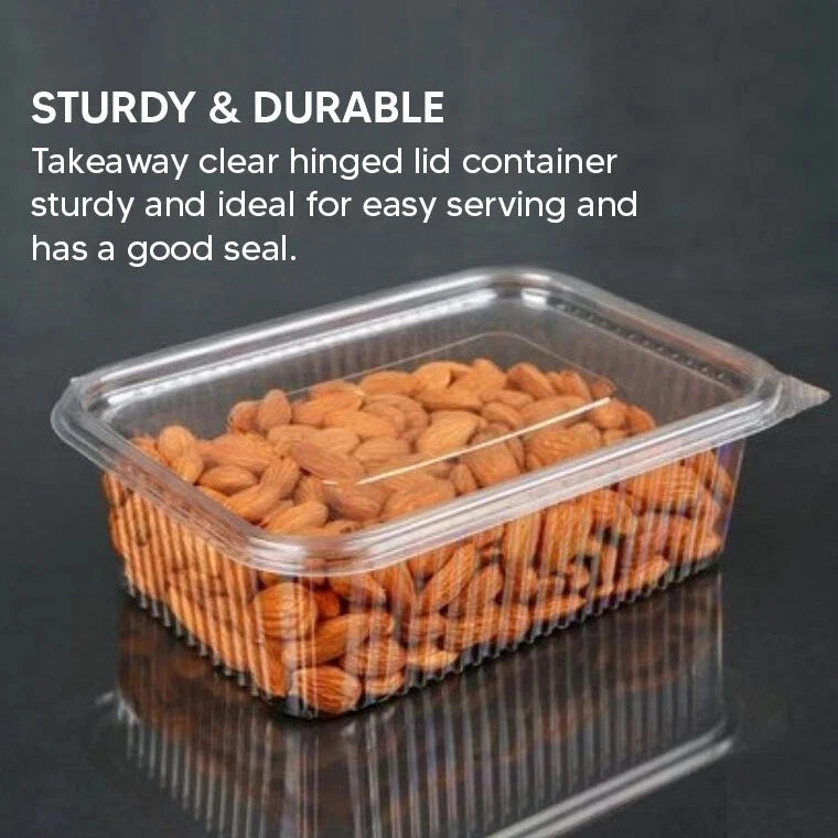 Clear plastic hinged salad container by Majestic, 750ml food storage box with snap lid for salads, fruits, or cakes.