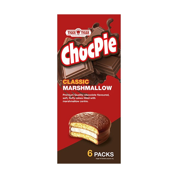 Tiger Tiger ChocPie marshmallow cakes in original, mango, and cheesecake flavors, displayed in a multipack.