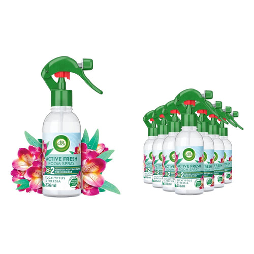 Air Wick Active Fresh eucalyptus and freesia room spray bottle, 236ml, with fresh floral scent and aerosol can design.