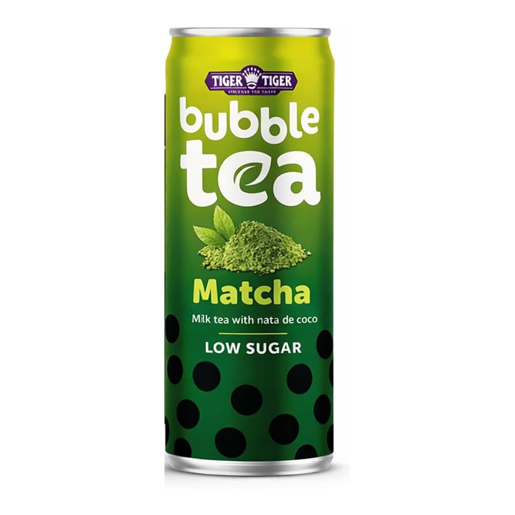 Tiger Tiger TT Bubble Tea with Nata de Coco, brown sugar, and matcha in 320ml multipack, showcasing colorful beverage with tapioca pearls.