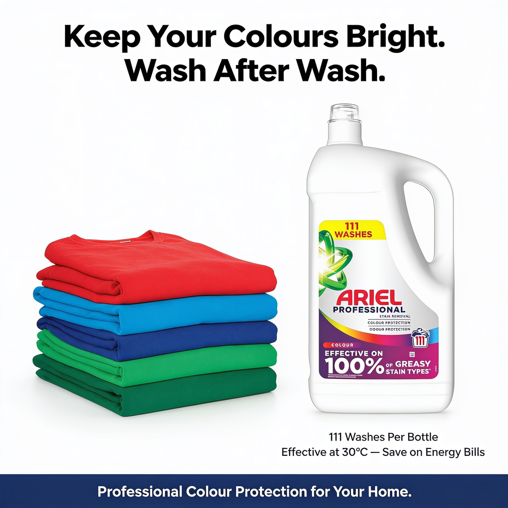 Ariel Professional Liquid Laundry Detergent 4.995L bottle, suitable for 111 washes, shown with clean laundry in the background.