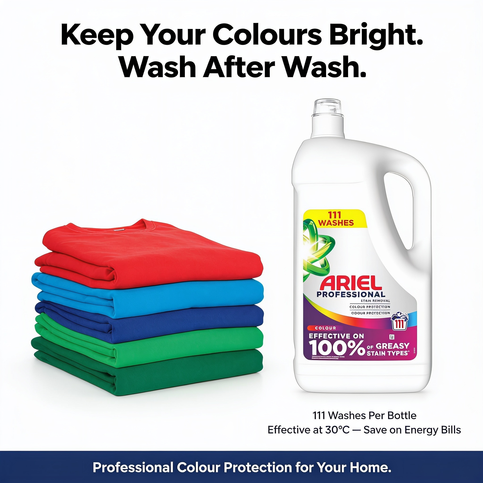 Ariel Professional Liquid Laundry Detergent 4.995L bottle, suitable for 111 washes, shown with clean laundry in the background.