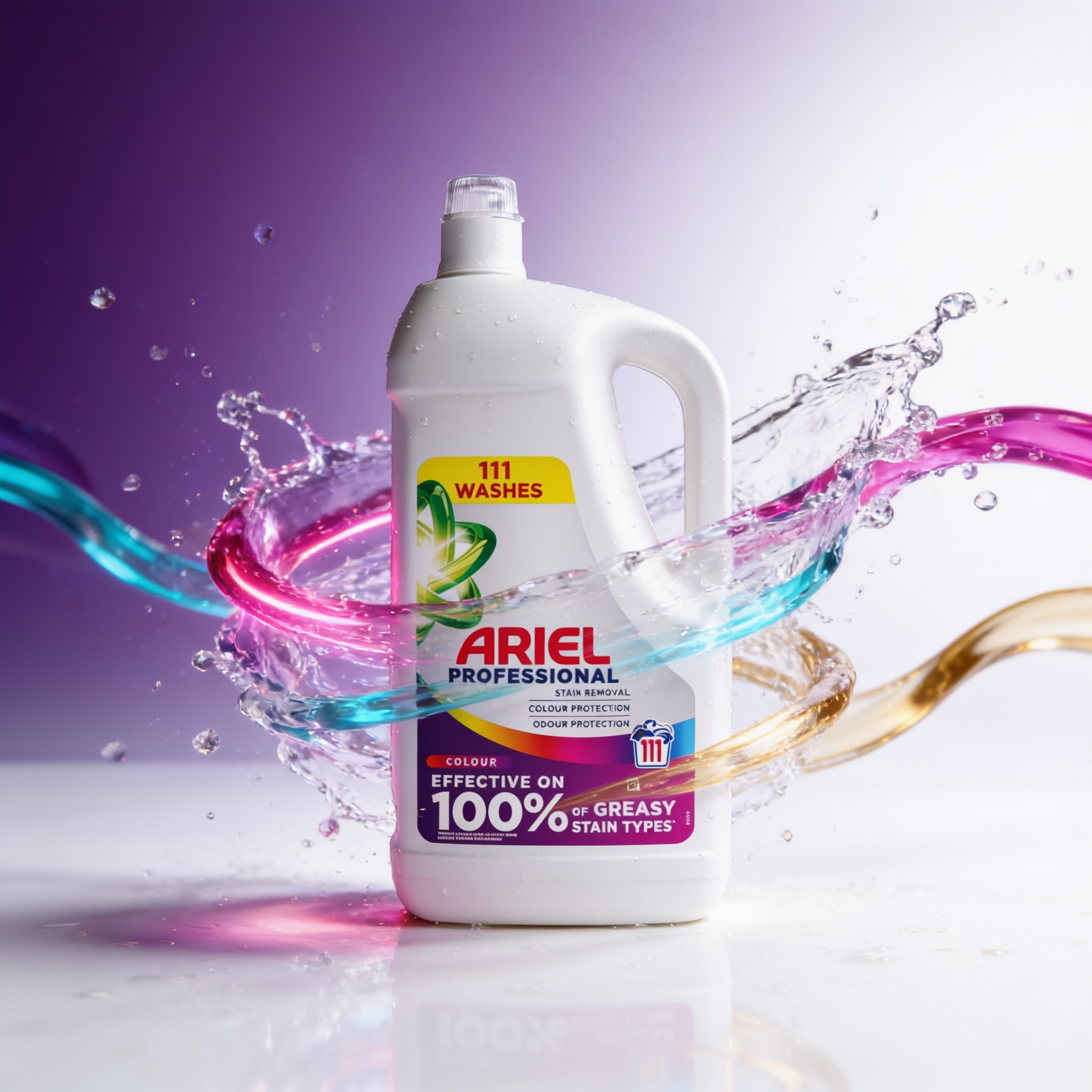 Ariel Professional Liquid Laundry Detergent 4.995L bottle, designed for bulk washing, showing the label and detergent pouring spout.