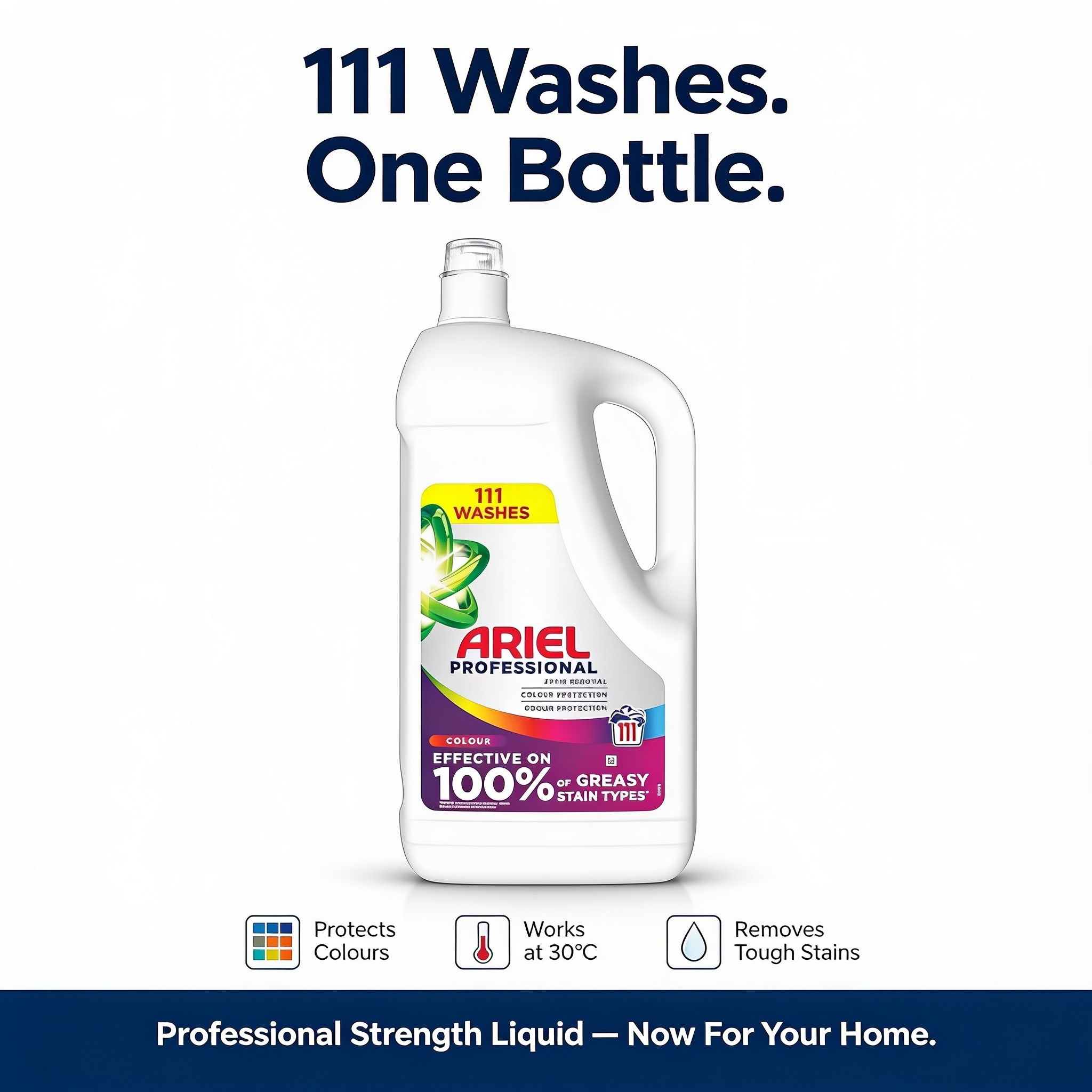 Ariel Professional Liquid Laundry Detergent 4.995L bottle, suitable for 111 washes, shown in a clean, professional setting.