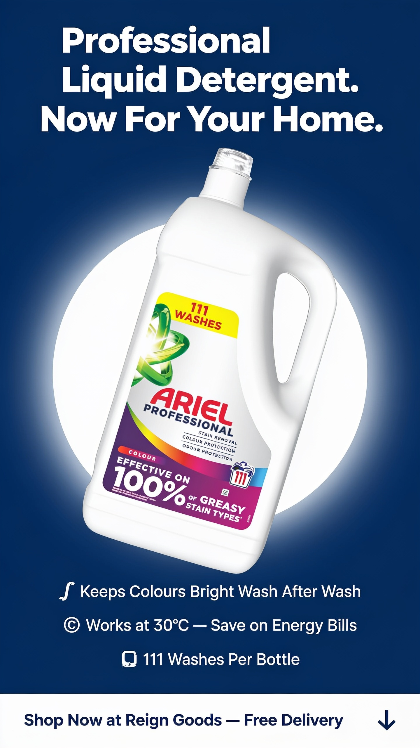 Ariel Professional Liquid Detergent 4.995L bottle with label, suitable for 111 washes, designed for bulk laundry use.