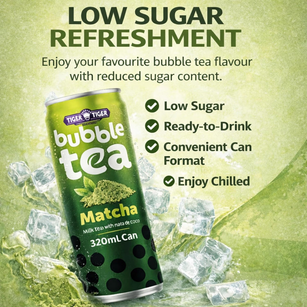 Tiger Tiger TT Bubble Tea with Nata de Coco in 320ml bottles, featuring brown sugar and matcha flavors, in a multipack.