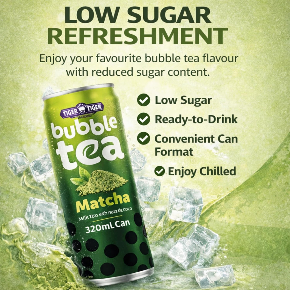 Tiger Tiger TT Bubble Tea with Nata de Coco in 320ml bottles, featuring brown sugar and matcha flavors, in a multipack.