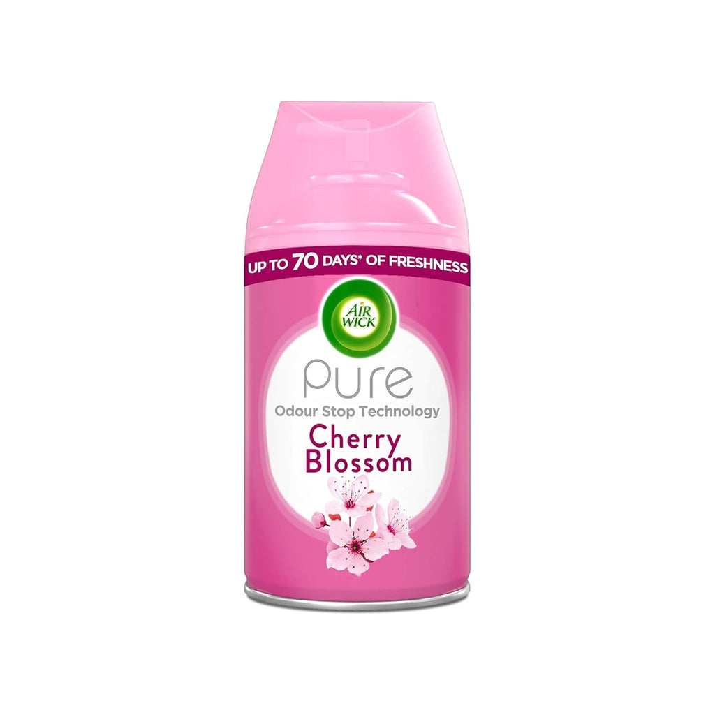 Air Wick Freshmatic Autospray Air Freshener Kit with cherry blossom or eucalyptus & freesia scents, shown in a sleek spray unit.