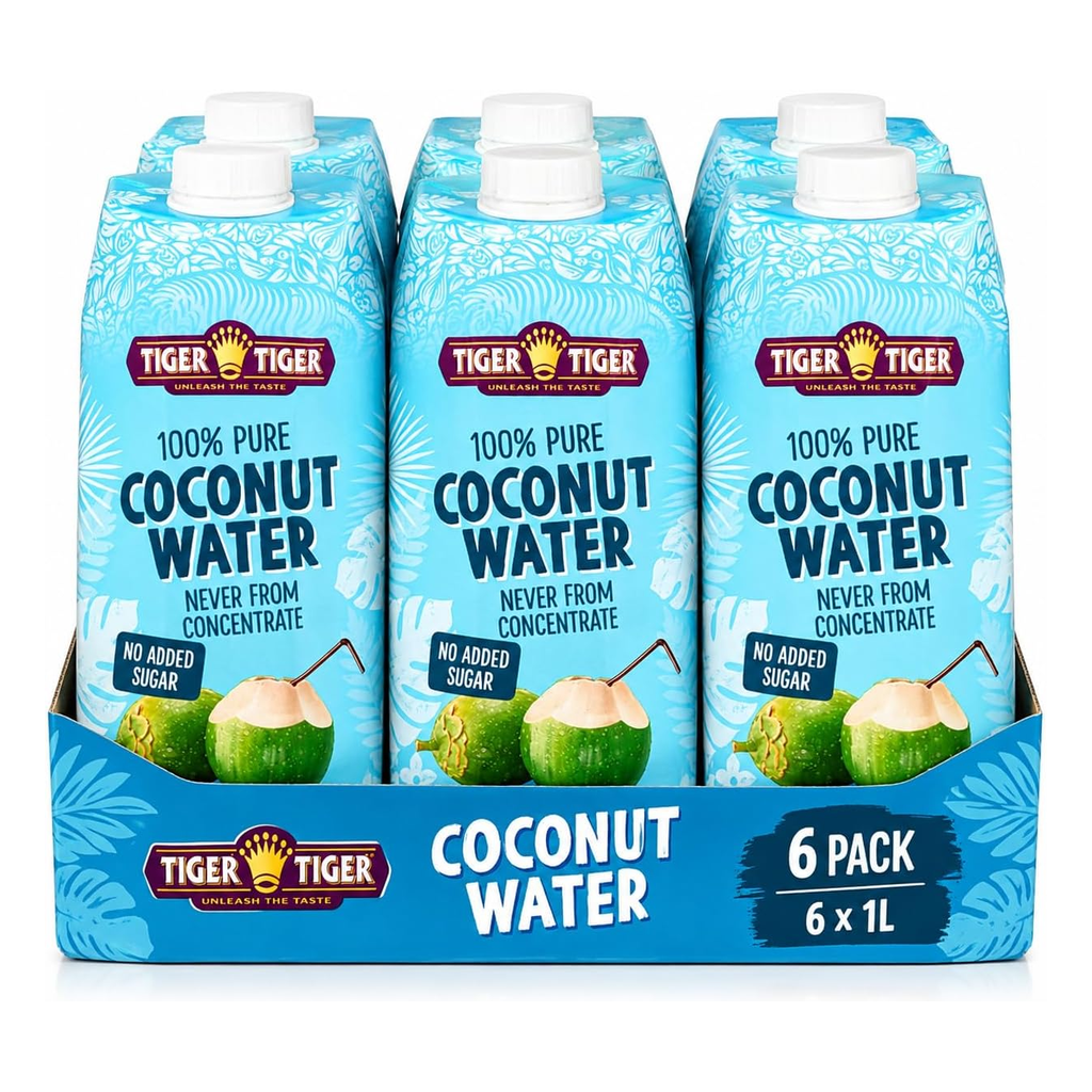 Bottle of Tiger Tiger 100% pure coconut water, clear and fresh, in a 1-liter container with a tropical coconut design.
