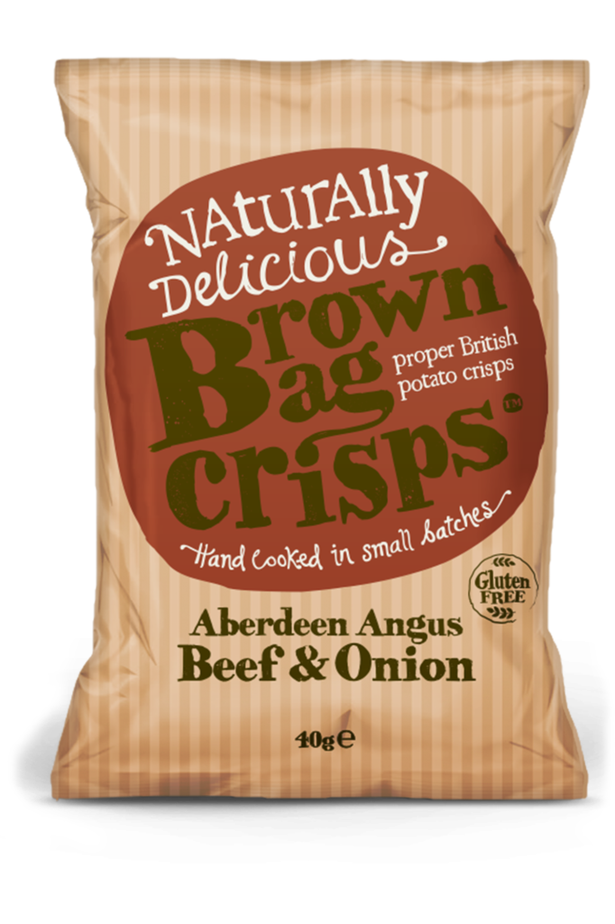 Brown Bag hand-cooked crisps in beef and onion, cheddar and onion flavors, 40g multipack, close-up of crisps in the packaging