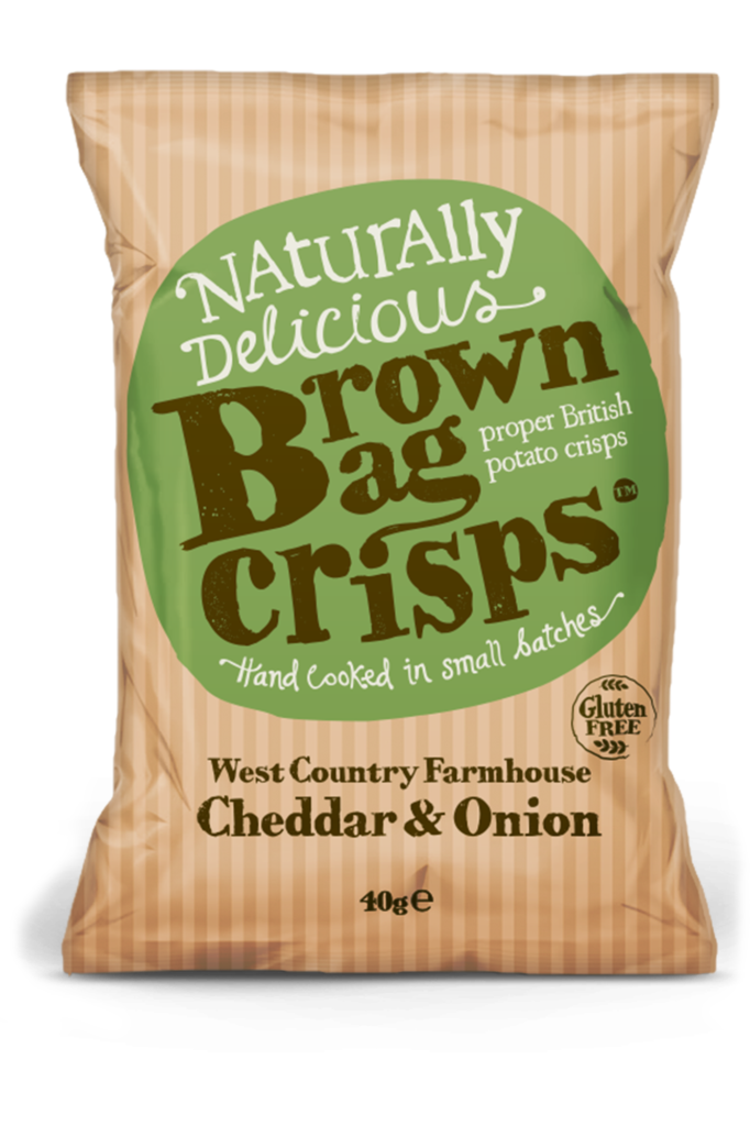 Brown Bag beef and onion and cheddar and onion crisps in 40g multipack, showing bag packaging with crisp snacks inside.