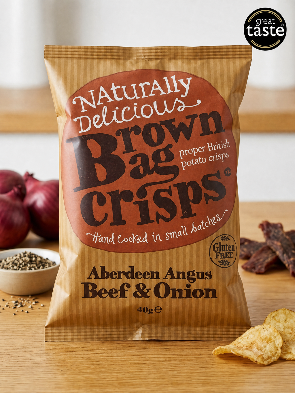 Brown Bag Hand Cooked Crisps in beef and onion, and cheddar and onion flavors, 40g multipack, crispy snack with rich flavor.
