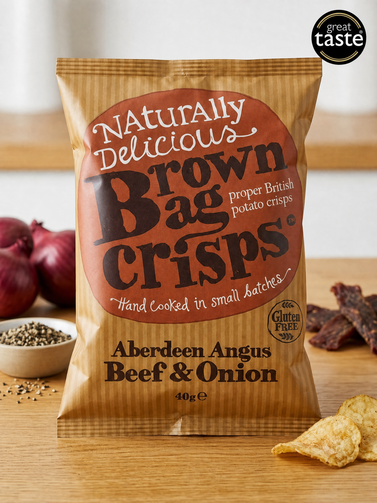Brown Bag Hand Cooked Crisps in beef and onion, and cheddar and onion flavors, 40g multipack, crispy snack with rich flavor.