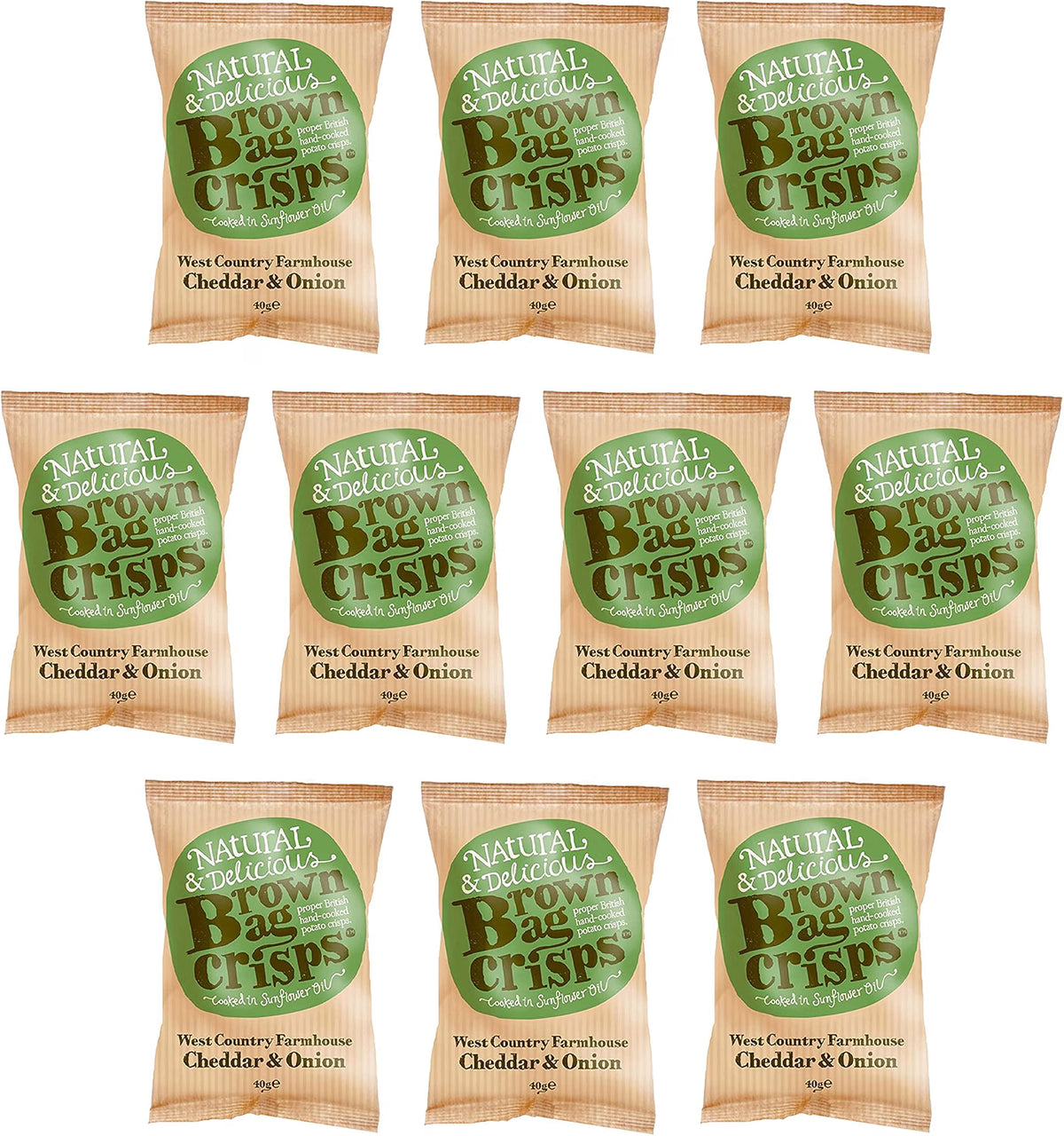 Brown Bag Cheddar and Onion Crisps in a 40g multipack, hand-cooked beef and onion flavor snack.