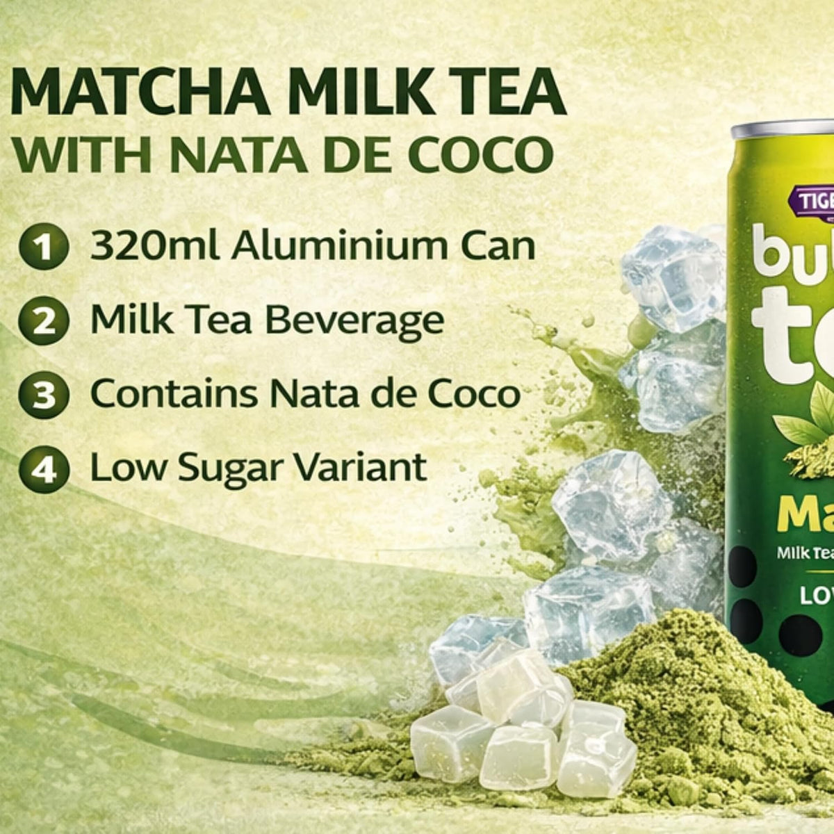 Tiger Tiger bubble tea with brown sugar and matcha, featuring nata de coco in a 320ml cup, in a multipack.