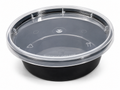 Set of 8oz Reign Goods round food storage containers with black plastic lids, reusable and ideal for deli or pantry storage.