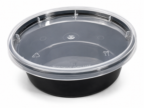 Set of 8oz Reign Goods round food storage containers with black plastic lids, reusable and ideal for deli or pantry storage.