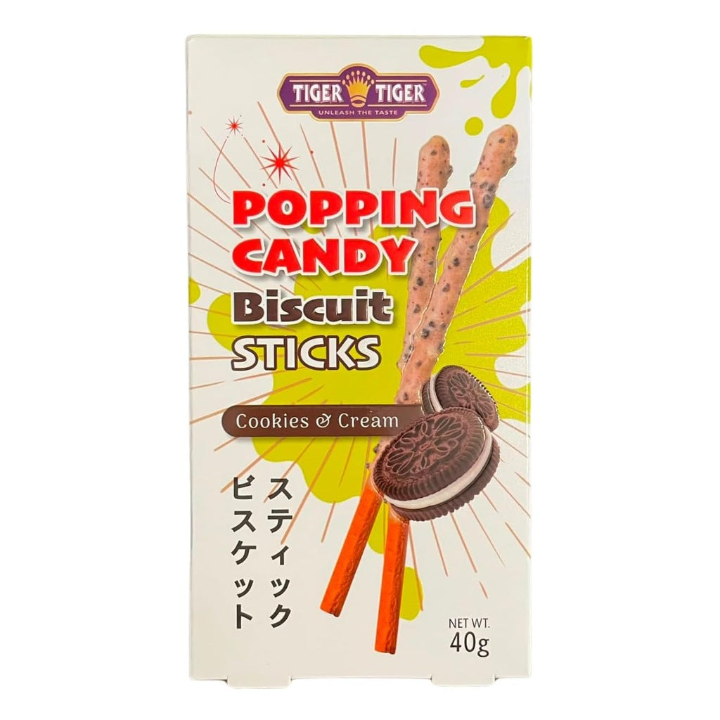 Tiger Tiger sweet biscuit sticks in cappuccino, cookies & cream, and bubble milk tea flavors, shown in a colorful multipack.