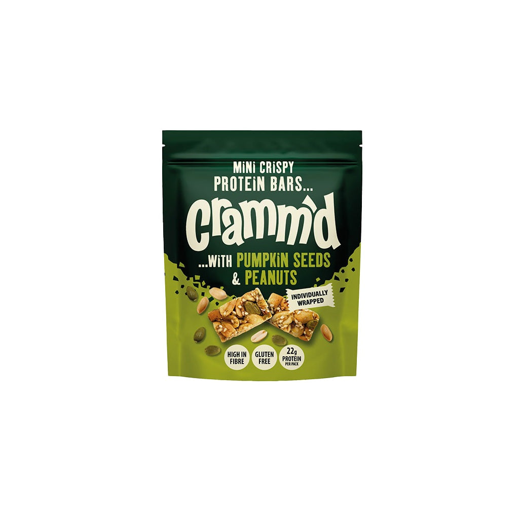 Cramm’d Mini Crispy Protein Bars with sesame, pumpkin, and mixed seeds in a multipack, showing the snack bars with seed toppings.