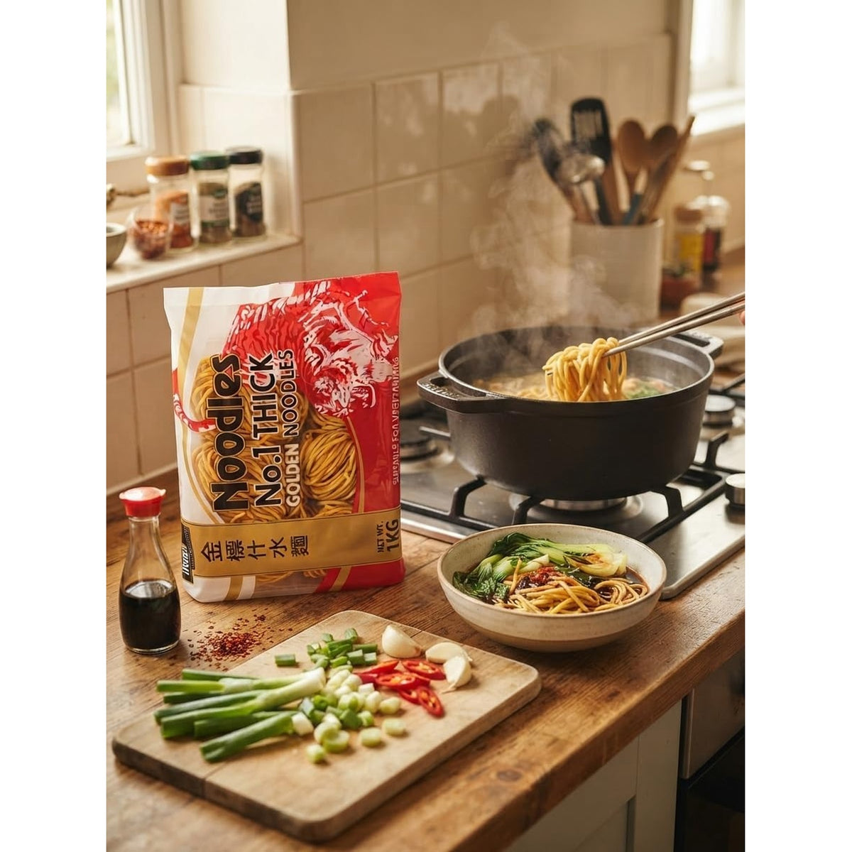 Tiger Tiger No.1 Thick Golden Noodles 1kg pack, uncooked noodles with a golden color and thick texture, ideal for stir-fries and soups
