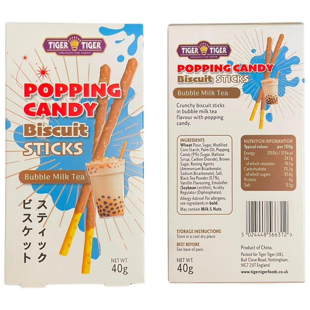 Tiger Tiger sweet biscuit sticks in cappuccino, cookies & cream, and bubble milk tea flavors, 40g multipack with colorful packaging.