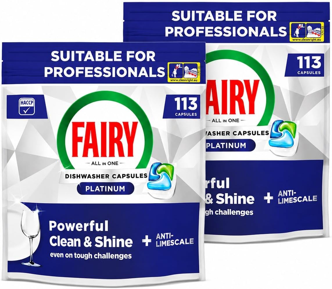 Two boxes of Fairy Professional Platinum Dishwasher Tablets with 113 capsules each, showcasing the all-in-one grease removal and shine.