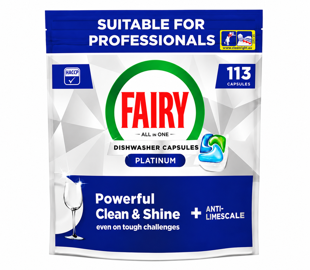 Fairy Professional Platinum dishwasher tablets in a box, showing 113 all-in-one capsules for grease removal and shine.