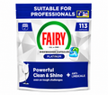 Fairy Professional Platinum dishwasher tablets in a box, showing 113 all-in-one capsules for grease removal and shine.