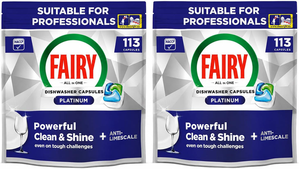 Two packs of Fairy Professional Platinum dishwasher tablets, 113 capsules each, designed for all-in-one grease removal and shine.
