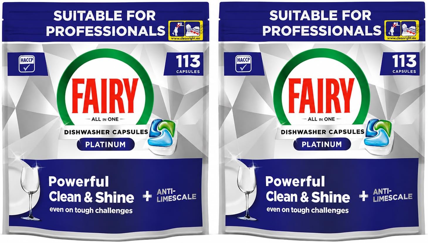Two packs of Fairy Professional Platinum dishwasher tablets, 113 capsules each, designed for all-in-one grease removal and shine.