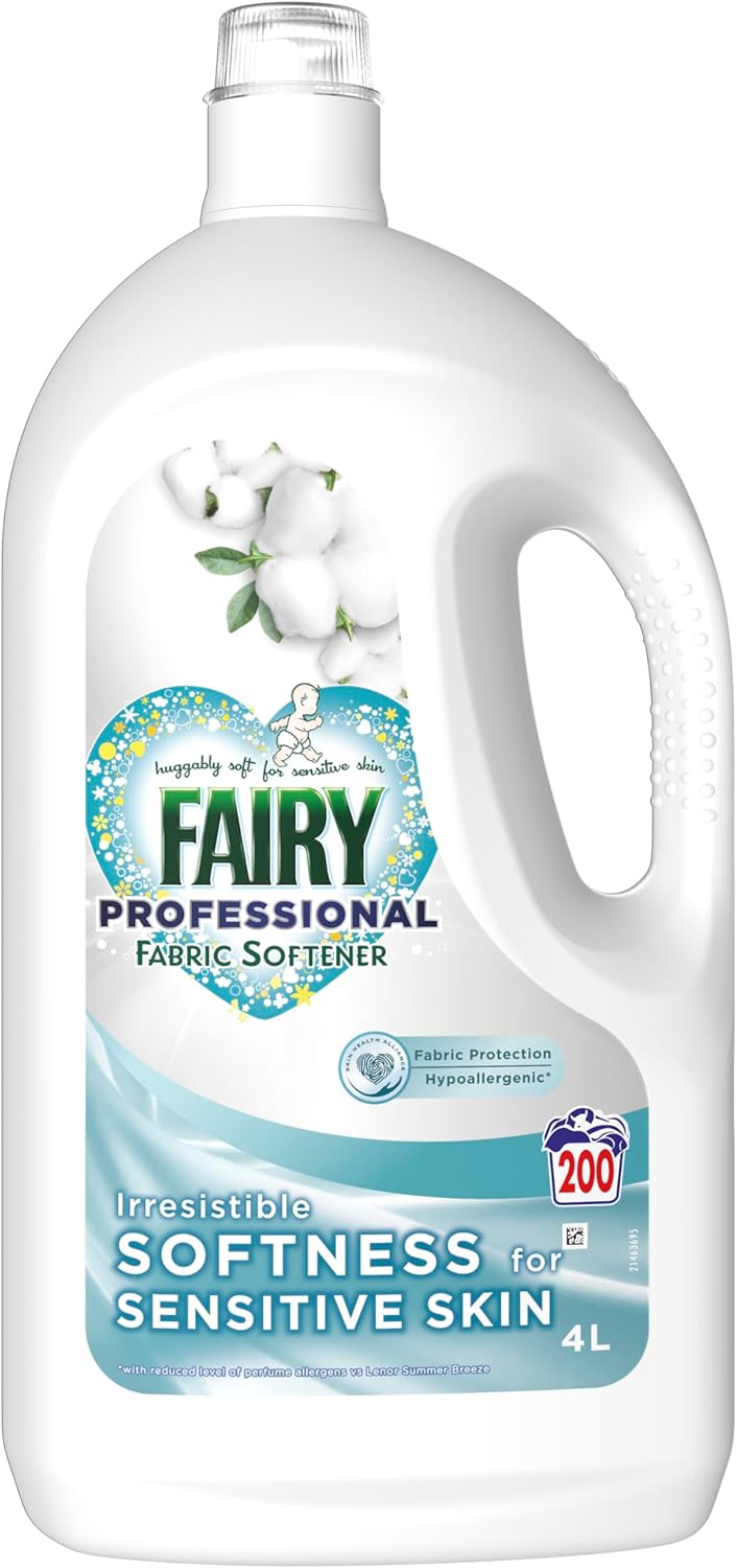 Fairy Professional Sensitive Fabric Softener 4L bottle, gentle on skin, dermatologist tested, suitable for 200 washes.