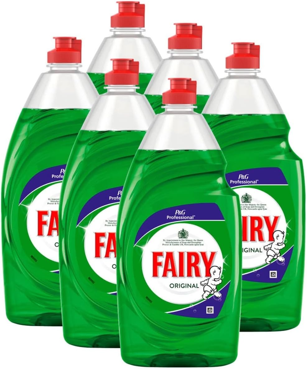 Six 900ml bottles of Fairy Professional Washing Up Liquid with concentrated formula for effective grease removal and long-lasting use