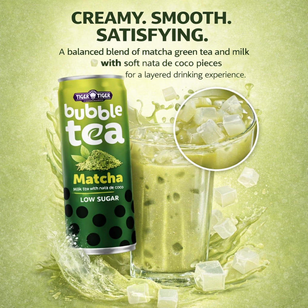 Tiger Tiger TT Bubble Tea with Nata de Coco in 320ml bottles, featuring brown sugar and matcha flavor, in a multipack.