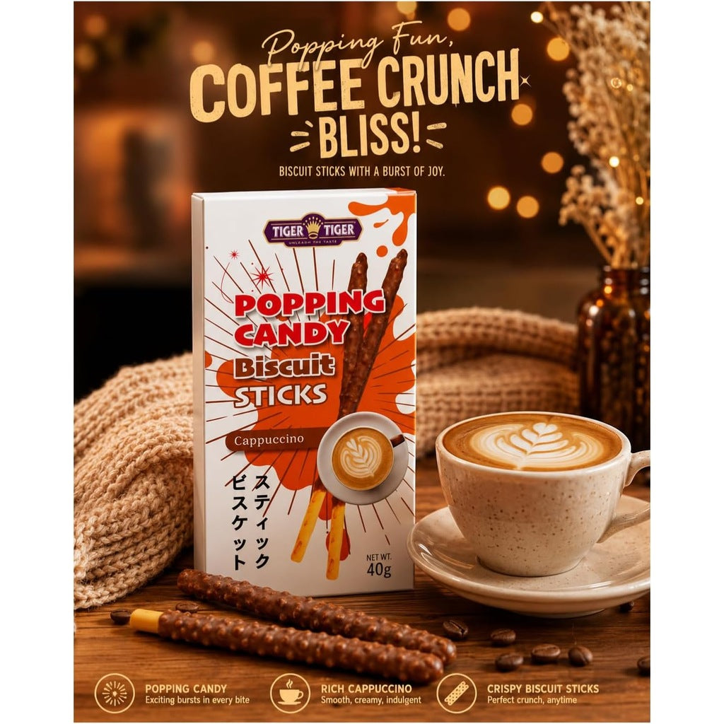 Tiger Tiger popping candy biscuit sticks in cappuccino, cookies & cream, and bubble milk tea flavors, 40g multipack, sweet snack.