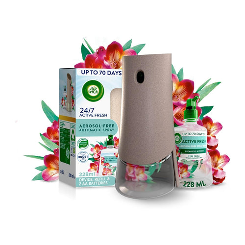 Air Wick Freshmatic Autospray air freshener kit with cherry blossom or eucalyptus & freesia scent, shown with spray can and refills.